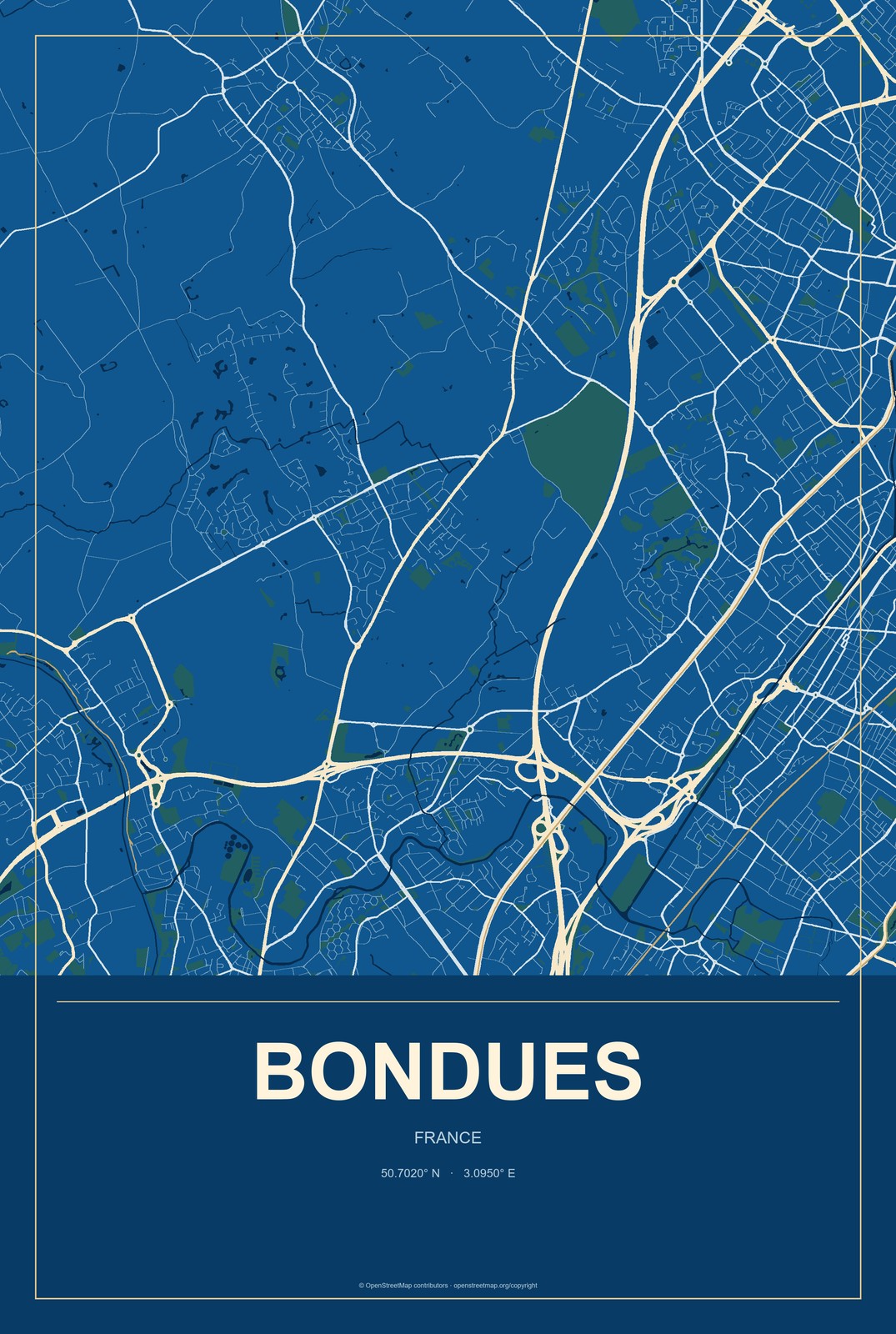 Bondues, France City Map Aluminum Sign in Harbor Cobalt style