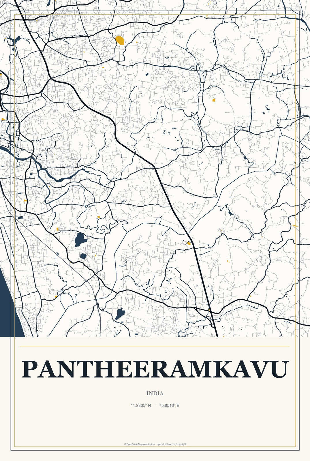 Pantheeramkavu, India City Map Aluminum Sign in Citrine Modern style