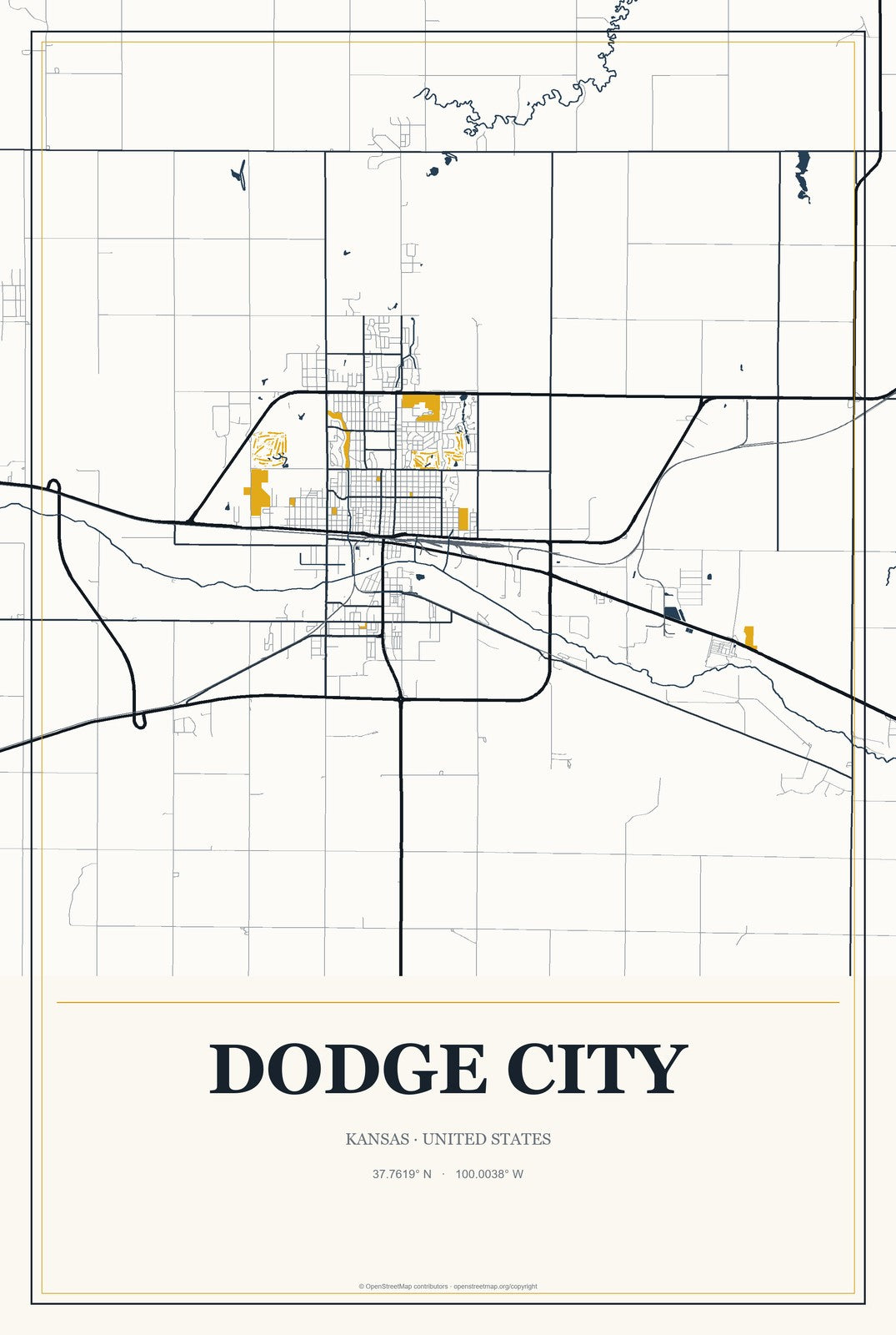 Dodge City, Kansas City Map Aluminum Sign in Citrine Modern style
