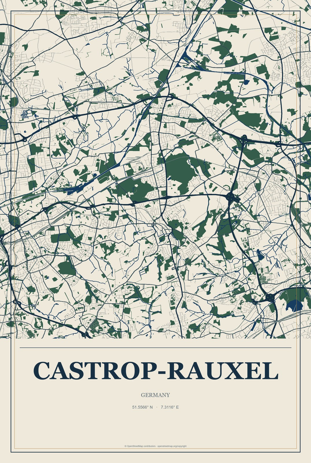 Castrop-Rauxel, Germany City Map Aluminum Sign in Coastal Cutout style