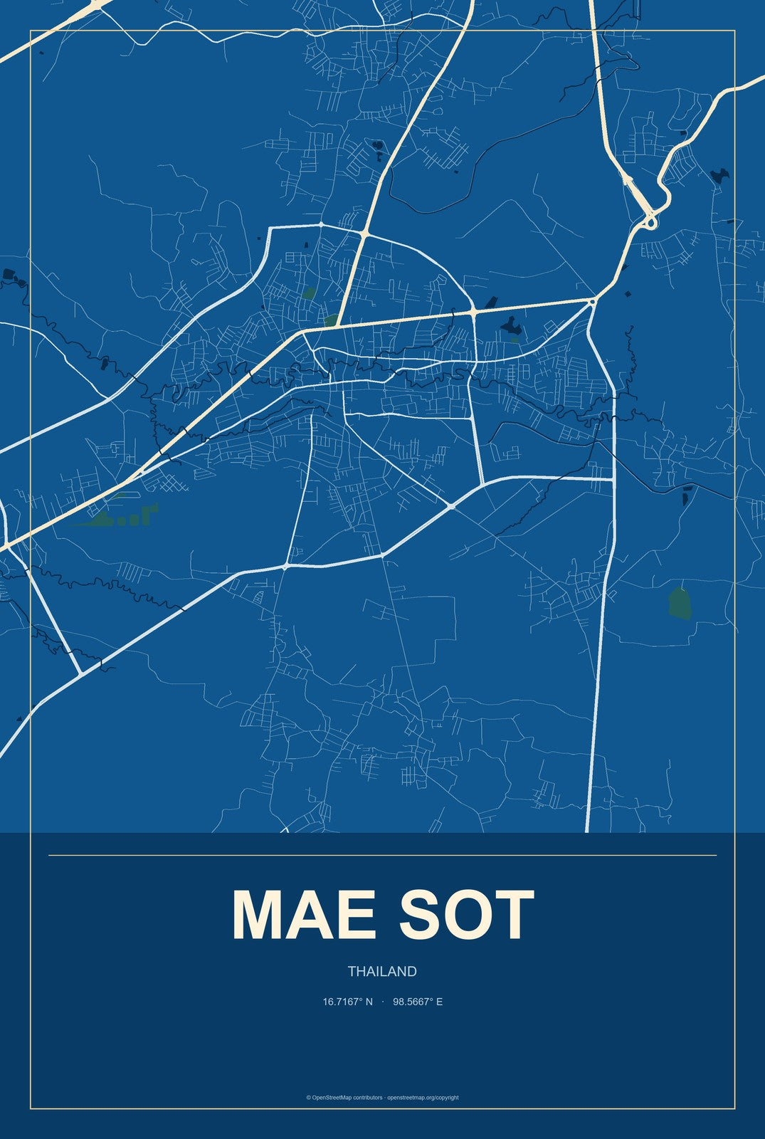 Mae Sot, Thailand City Map Aluminum Sign in Harbor Cobalt style