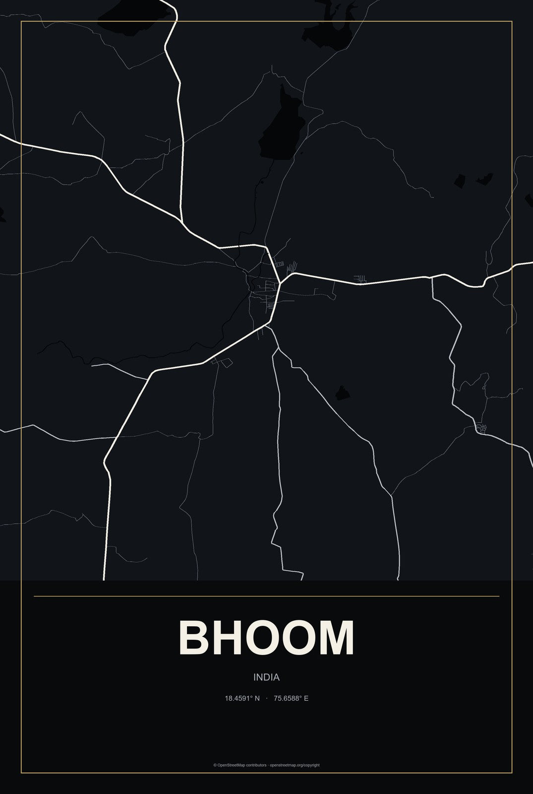 Bhoom, India City Map Aluminum Sign in Metropolitan Noir style
