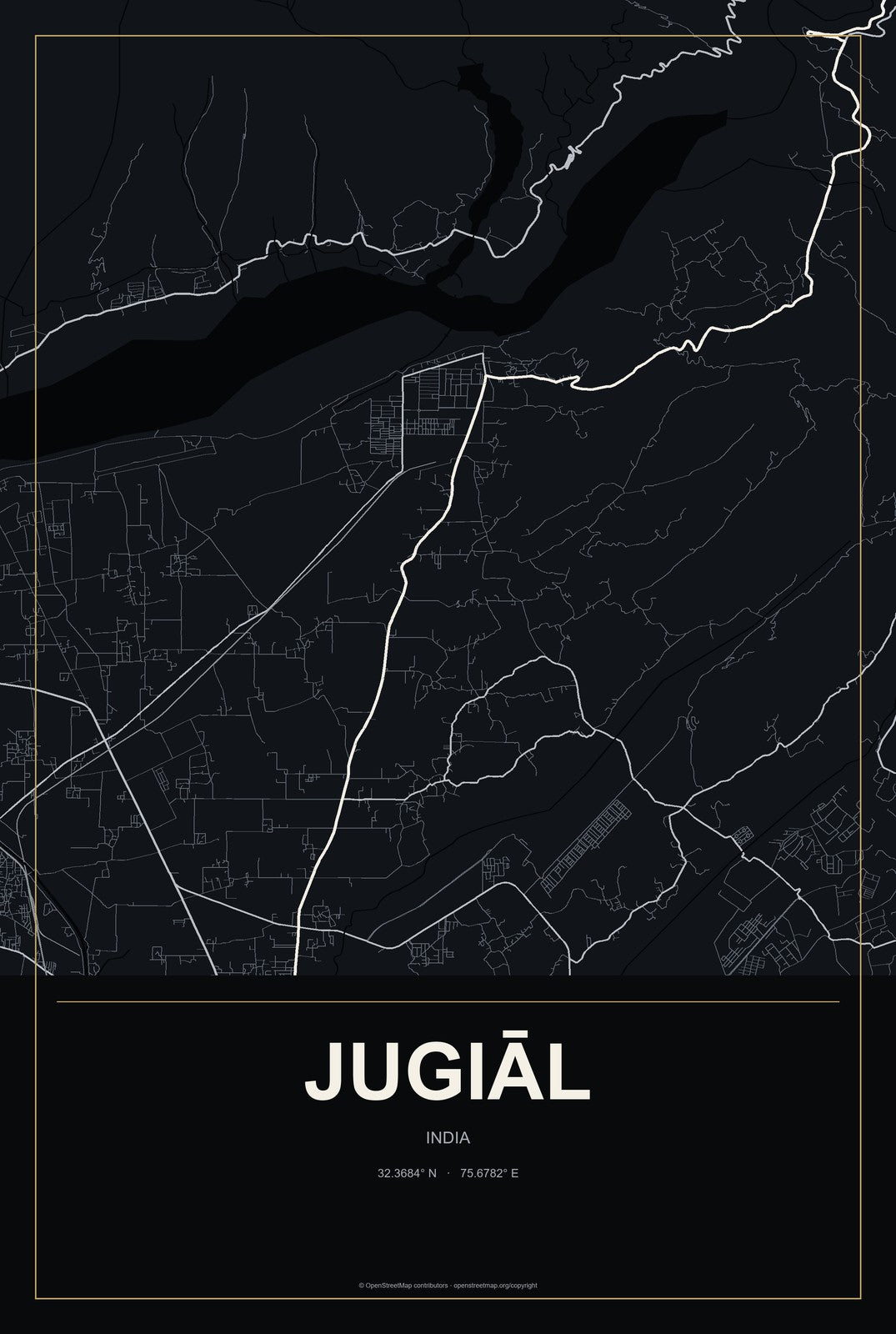 Jugiāl, India City Map Aluminum Sign in Metropolitan Noir style