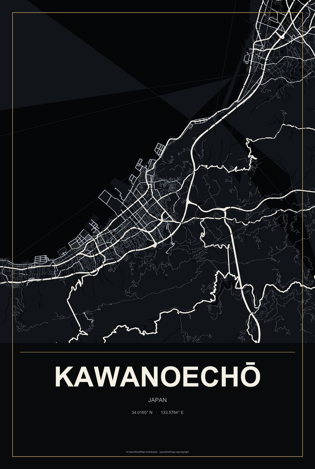 Kawanoechō, Japan City Map Aluminum Sign in Metropolitan Noir style