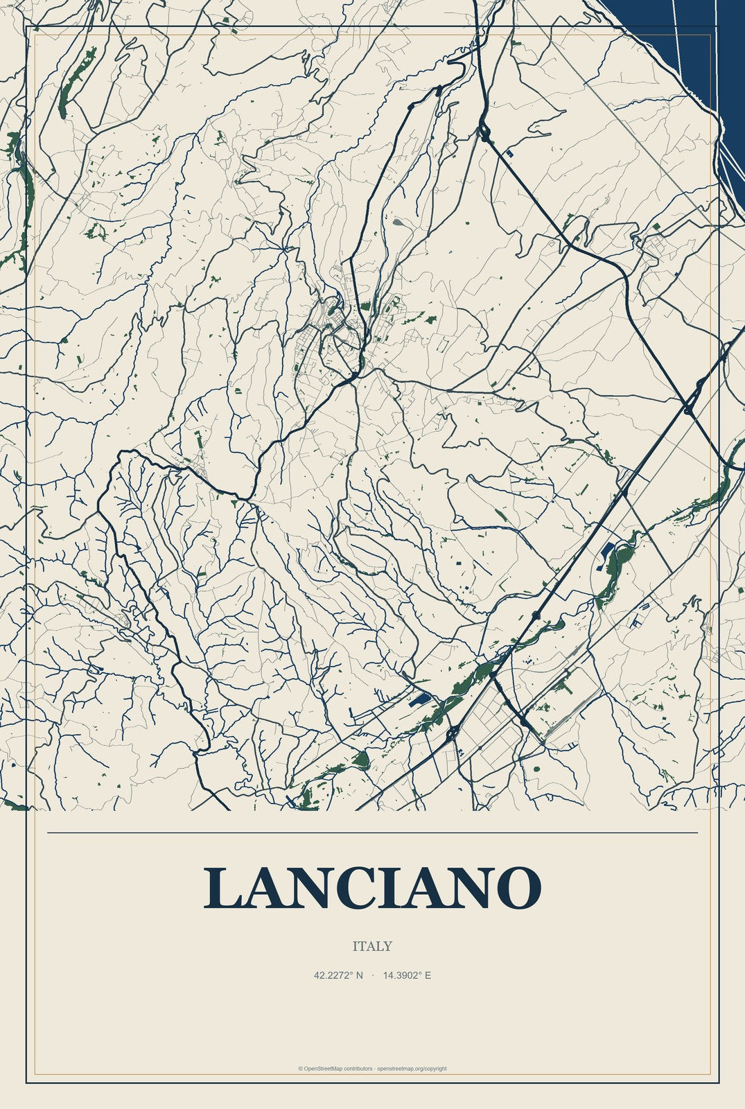 Lanciano, Italy City Map Aluminum Sign in Coastal Cutout style