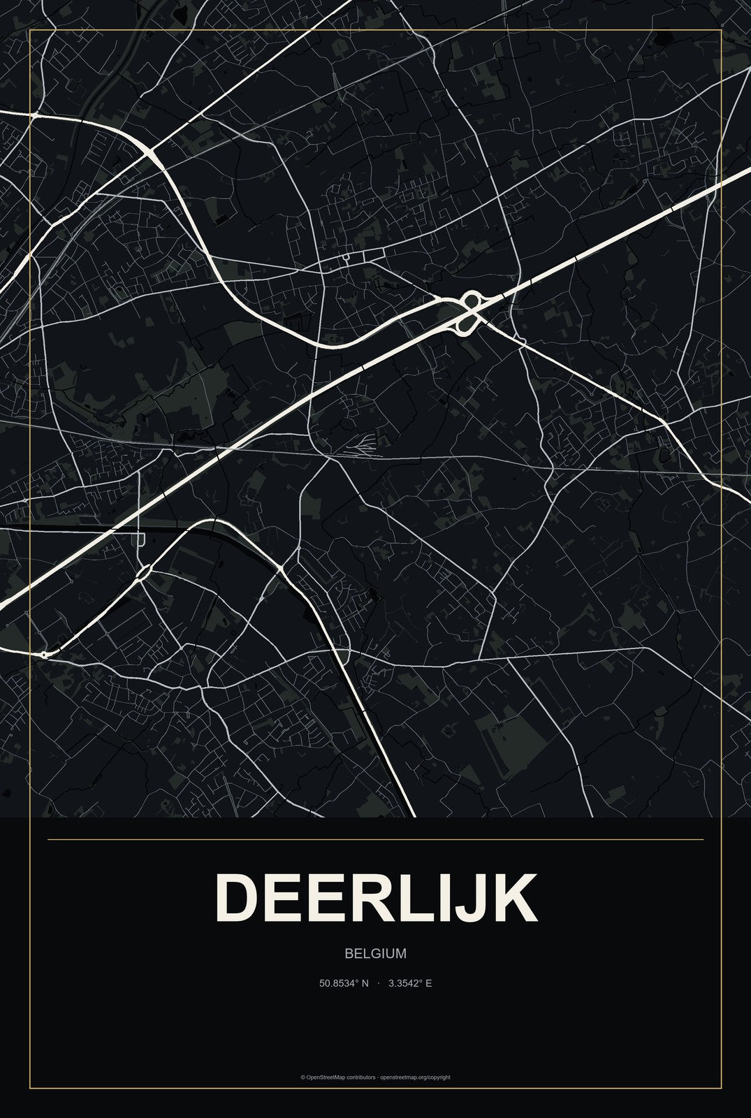 Deerlijk, Belgium City Map Aluminum Sign in Metropolitan Noir style