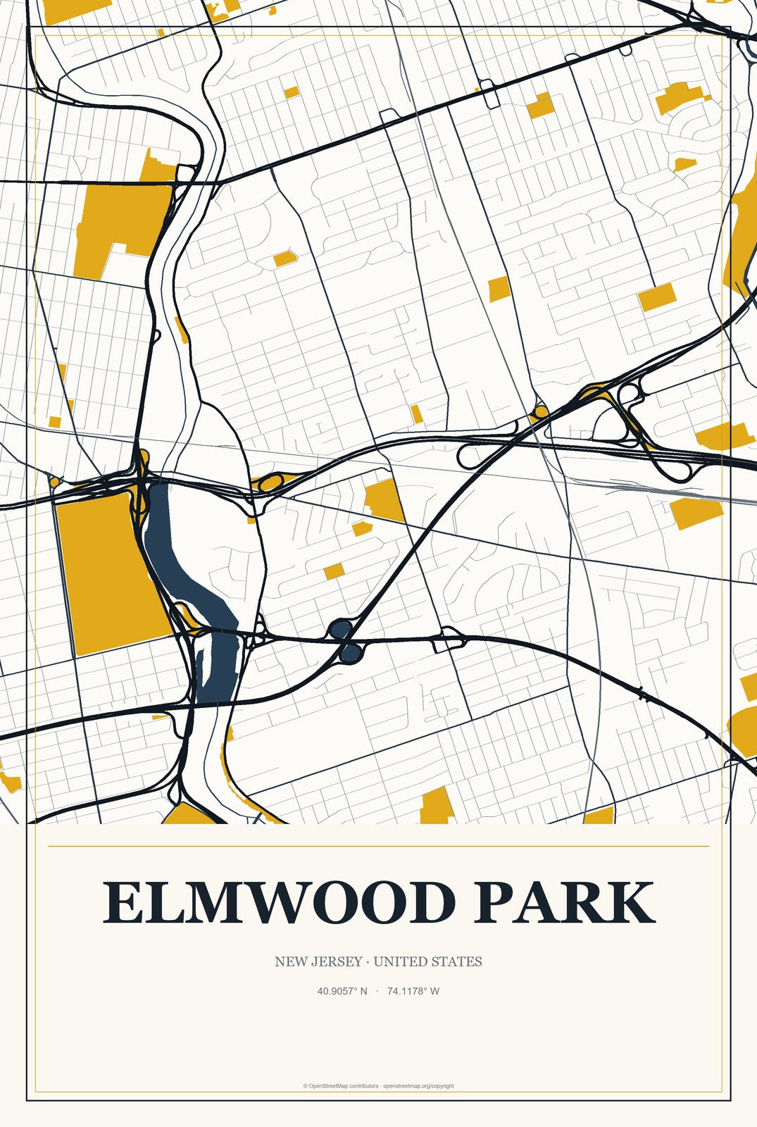 Elmwood Park, New Jersey City Map Aluminum Sign in Citrine Modern style