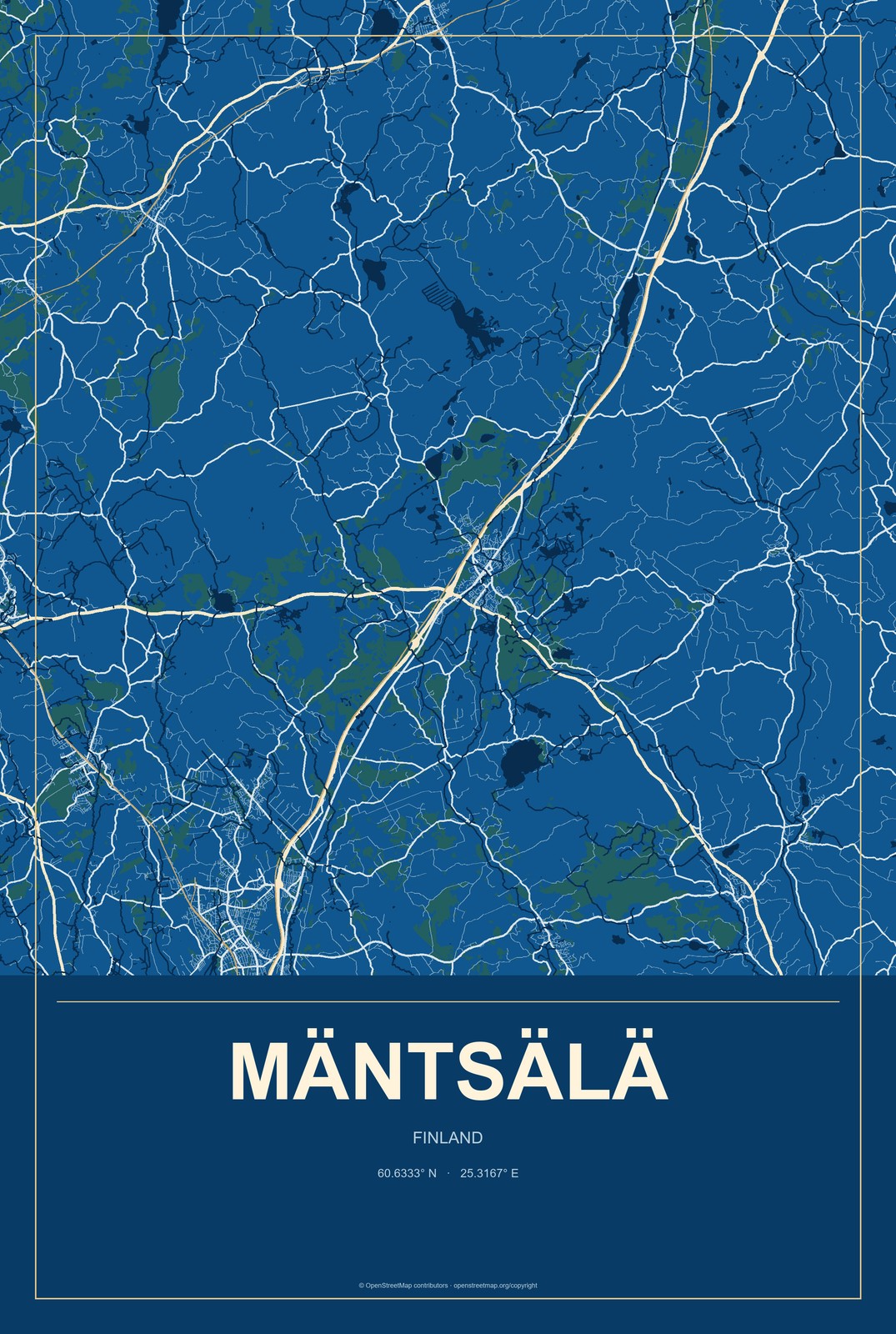 Mäntsälä, Finland City Map Aluminum Sign in Harbor Cobalt style