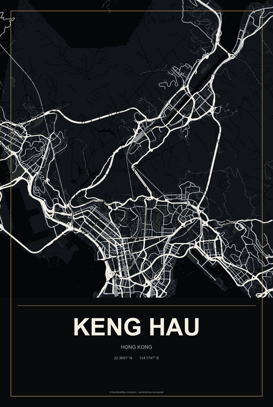 Keng Hau, Hong Kong City Map Aluminum Sign in Metropolitan Noir style