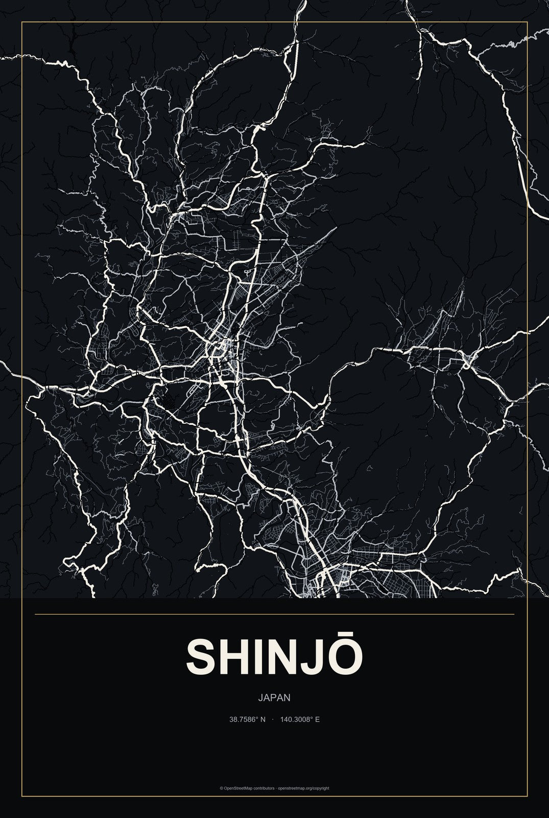 Shinjō, Japan City Map Aluminum Sign in Metropolitan Noir style