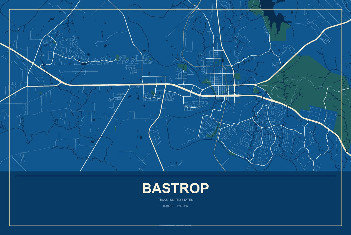 Bastrop, Texas City Map Aluminum Sign in Harbor Cobalt style
