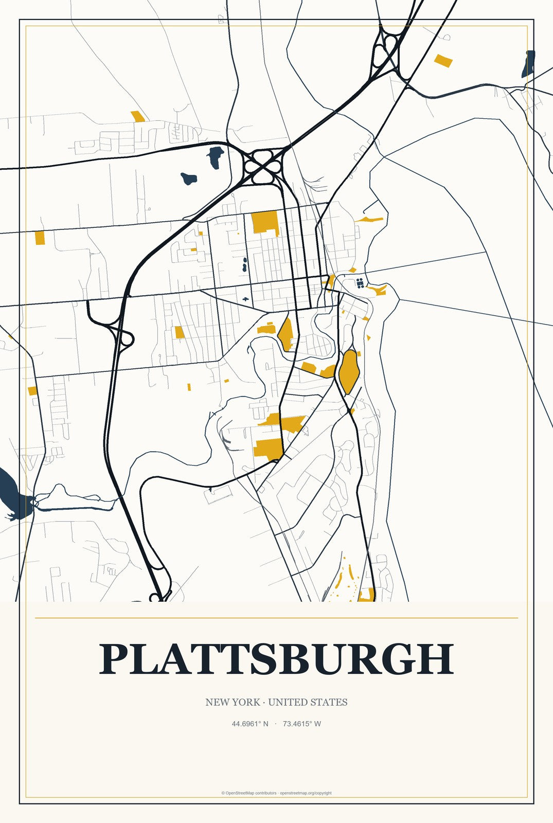 Plattsburgh, New York City Map Aluminum Sign in Citrine Modern style