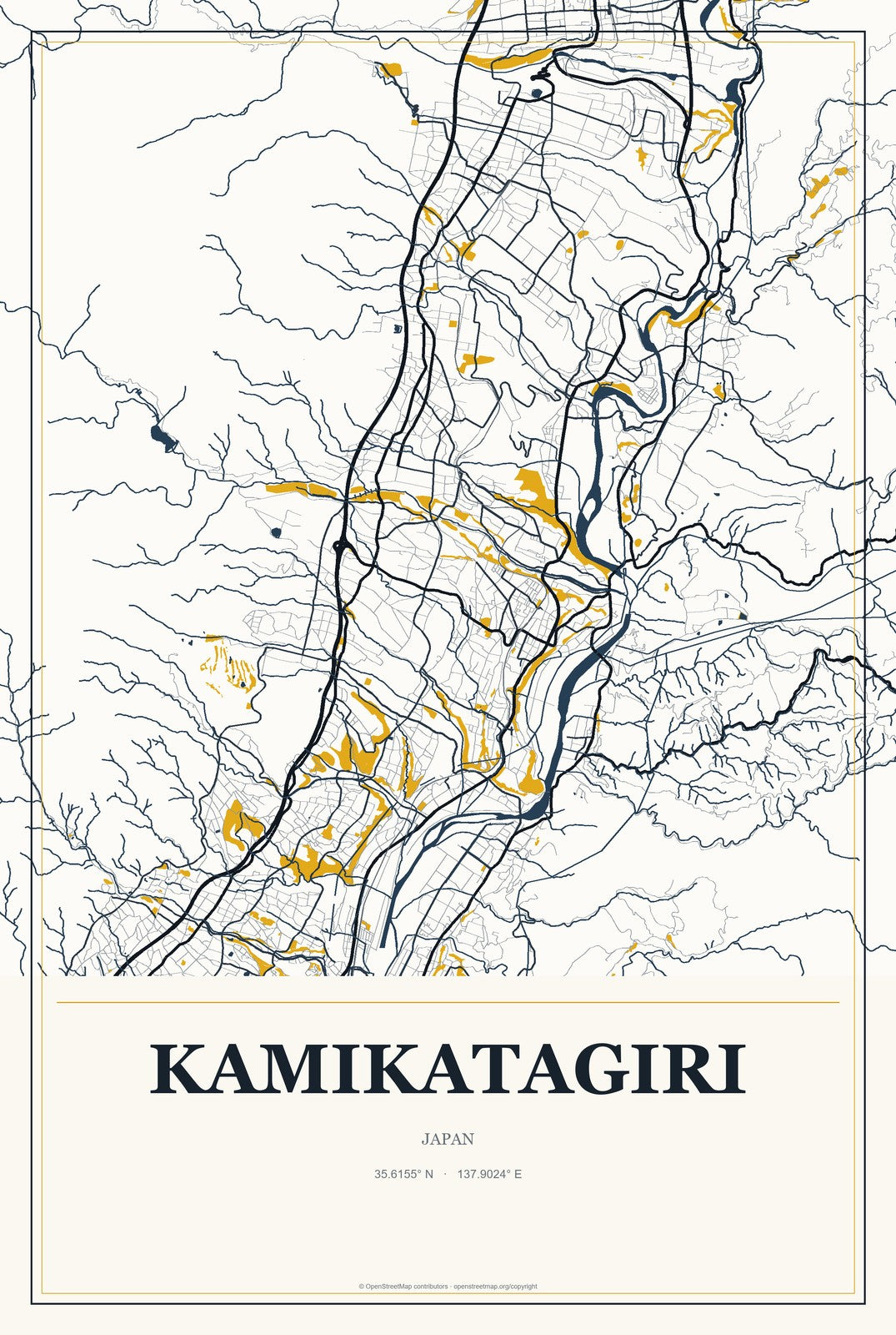 Kamikatagiri, Japan City Map Aluminum Sign in Citrine Modern style
