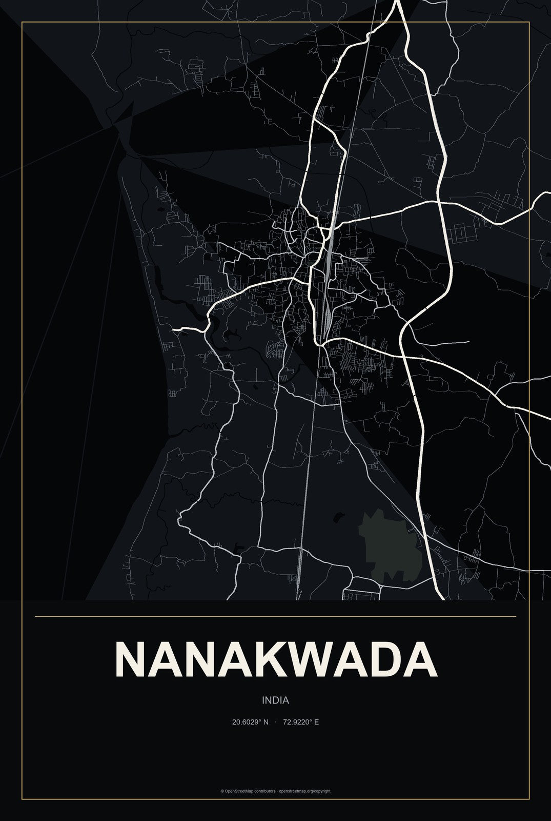Nanakwada, India City Map Aluminum Sign in Metropolitan Noir style