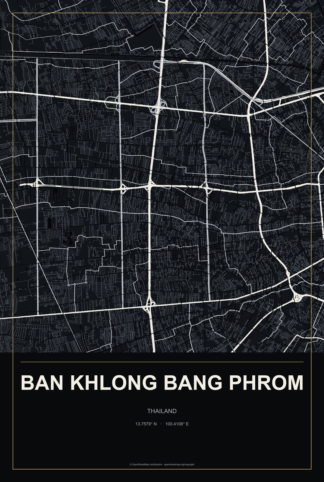 Ban Khlong Bang Phrom, Thailand City Map Aluminum Sign in Metropolitan Noir style