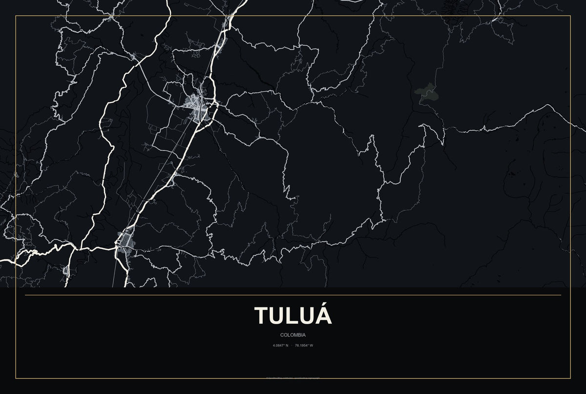 Tuluá, Colombia City Map Aluminum Sign in Metropolitan Noir style