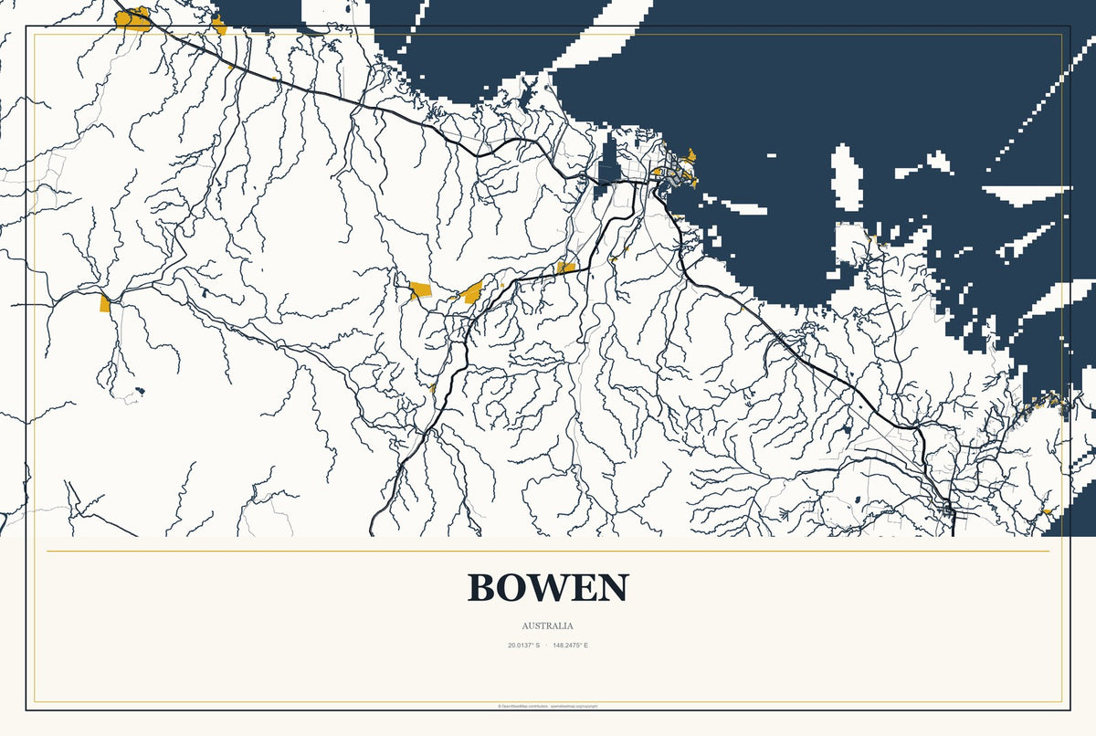 Bowen, Australia City Map Aluminum Sign in Citrine Modern style