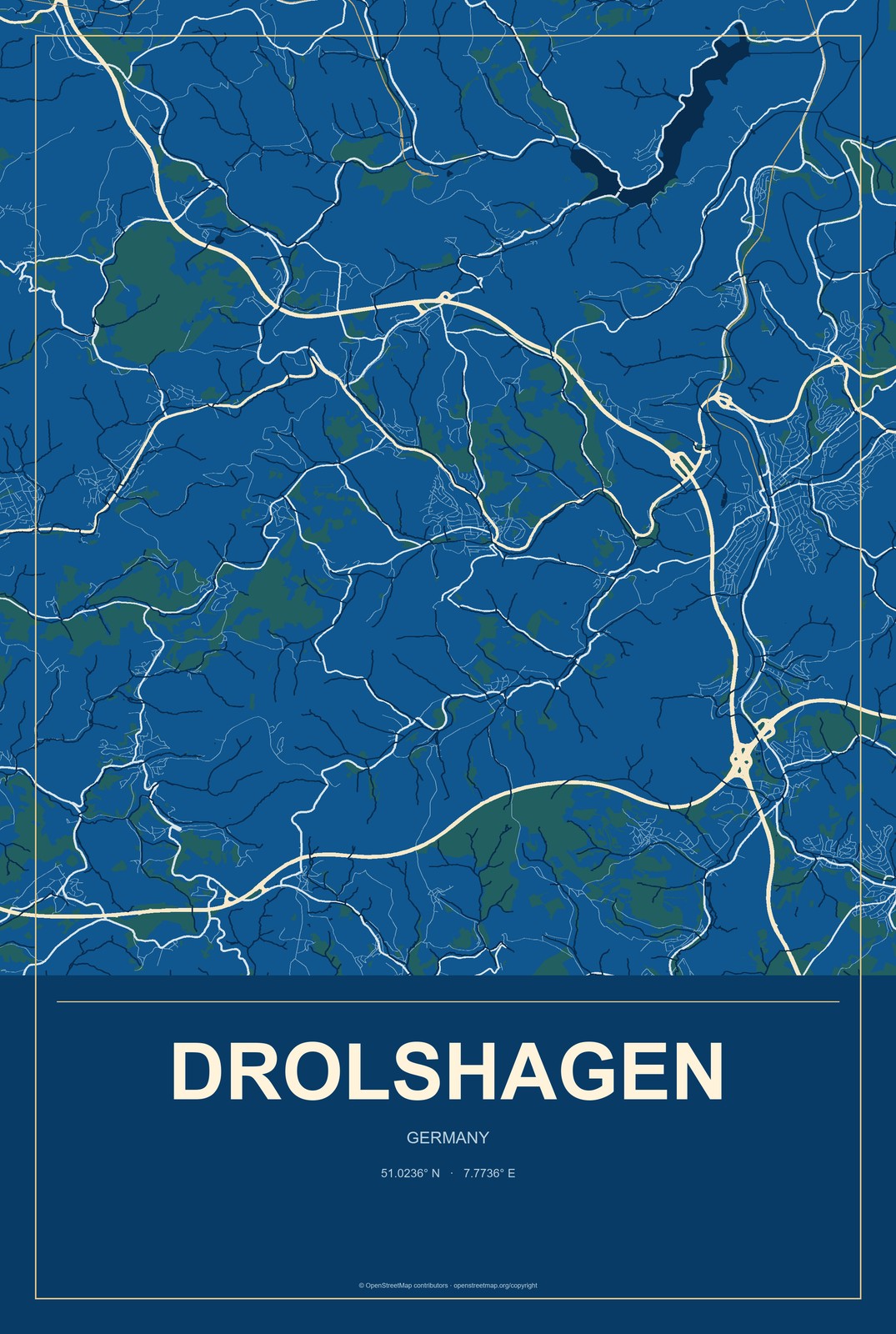 Drolshagen, Germany City Map Aluminum Sign in Harbor Cobalt style