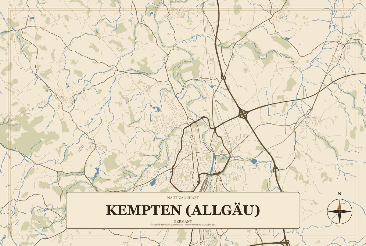 Kempten (Allgäu), Germany City Map Aluminum Sign in Heritage Nautical style