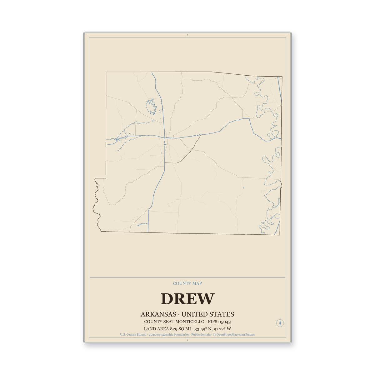 Drew County, Arkansas Map Aluminum Sign in Heritage Nautical style