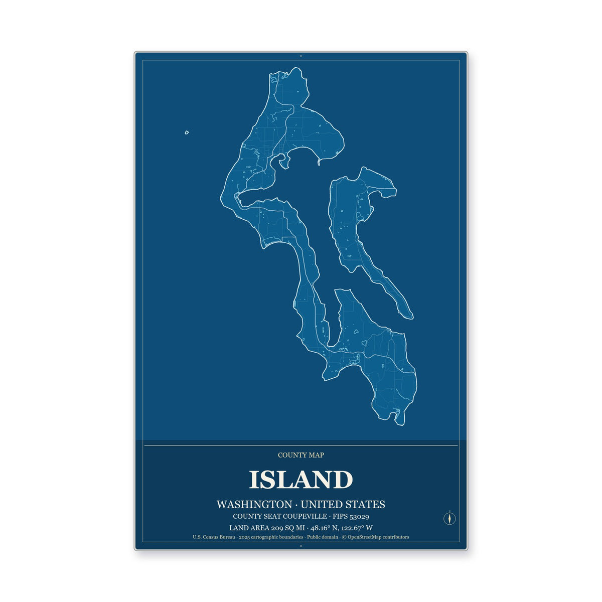 Island County, Washington Map Aluminum Sign in Harbor Cobalt style