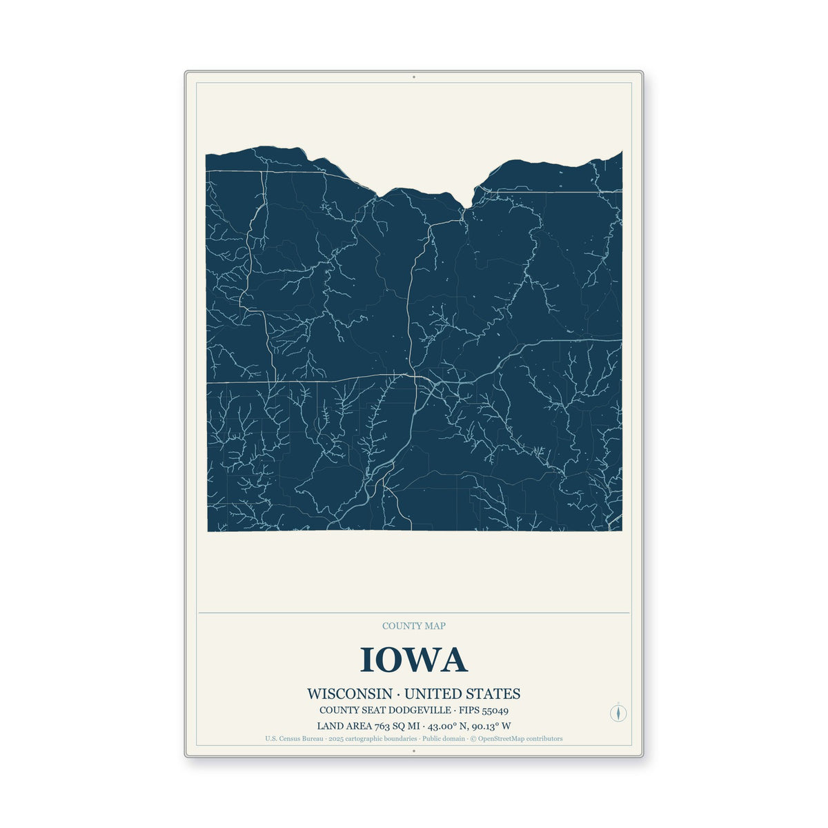 Iowa County, Wisconsin Map Aluminum Sign in Coastal Cutout style
