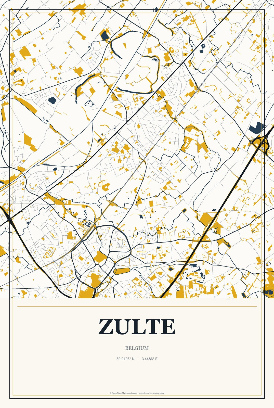 Zulte, Belgium City Map Aluminum Sign in Citrine Modern style
