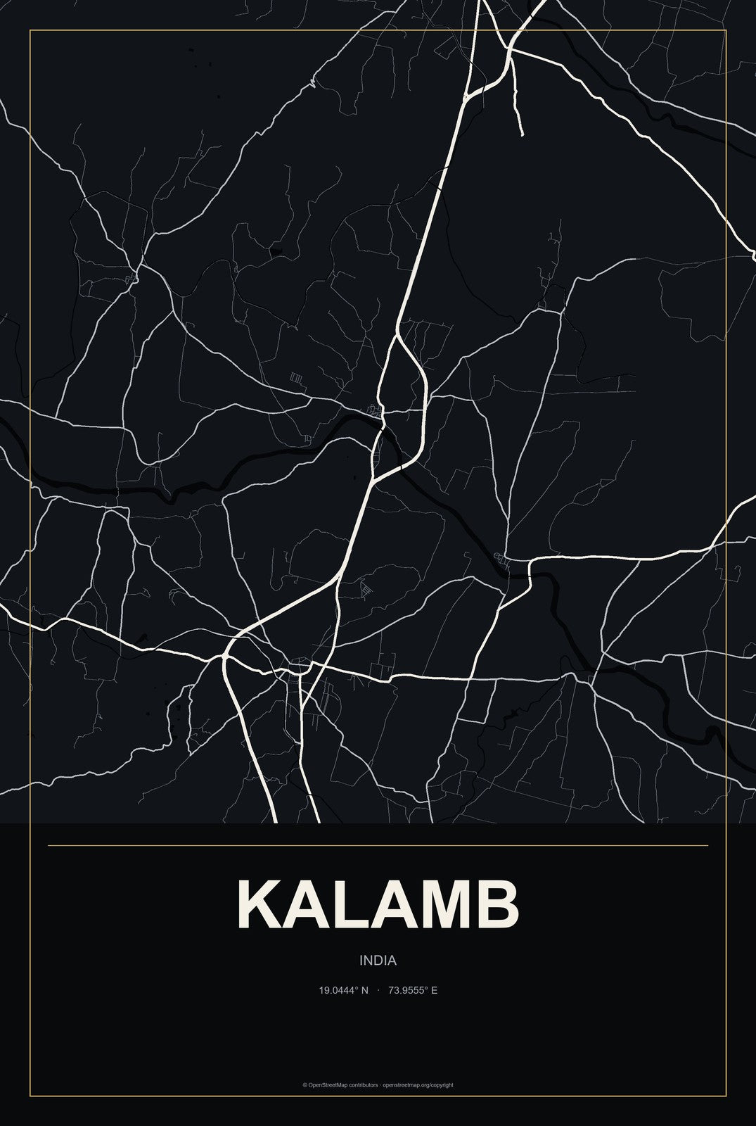 Kalamb, India City Map Aluminum Sign in Metropolitan Noir style