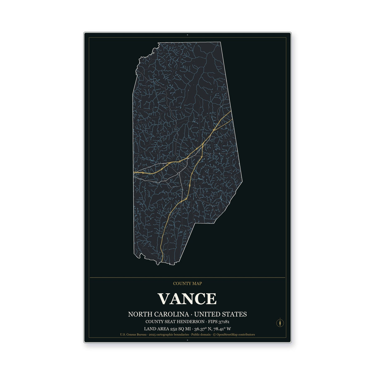 Vance County, North Carolina Map Aluminum Sign in Metropolitan Noir style