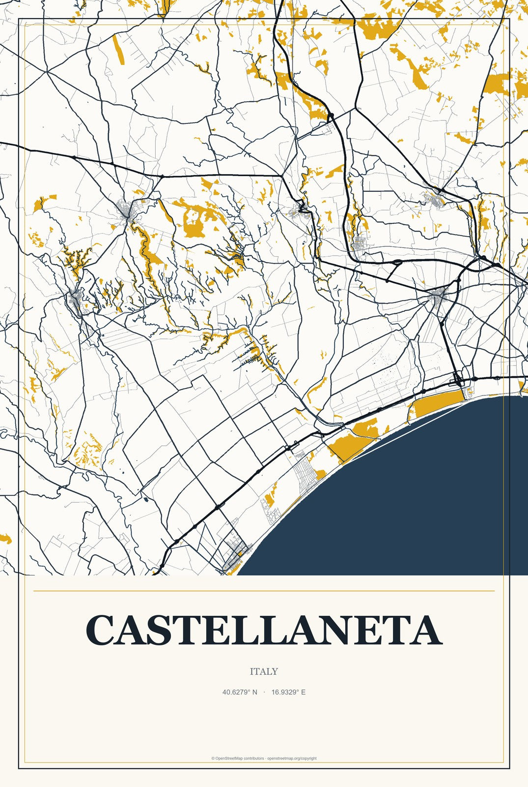 Castellaneta, Italy City Map Aluminum Sign in Citrine Modern style