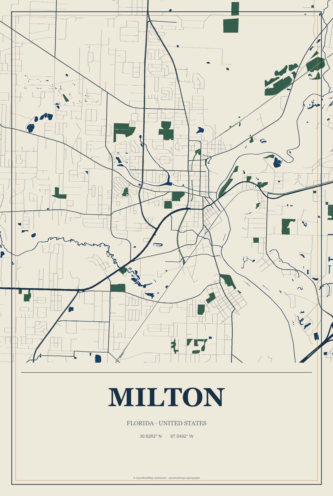 Milton, Florida City Map Aluminum Sign in Coastal Cutout style