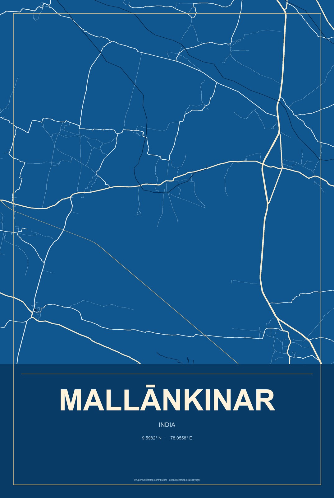 Mallānkinar, India City Map Aluminum Sign in Harbor Cobalt style