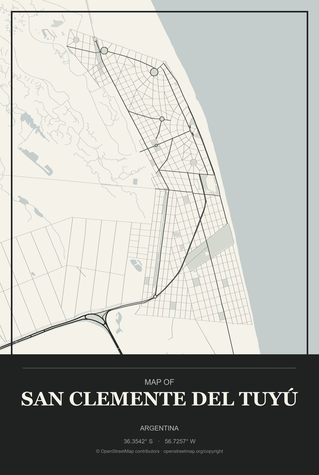 San Clemente del Tuyú, Argentina City Map Aluminum Sign in Museum Plaque style