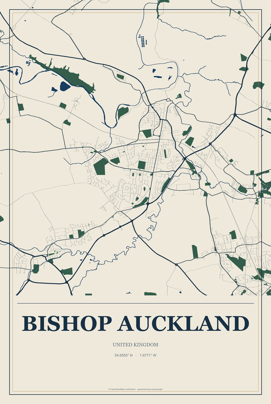 Bishop Auckland, United Kingdom City Map Aluminum Sign in Coastal Cutout style