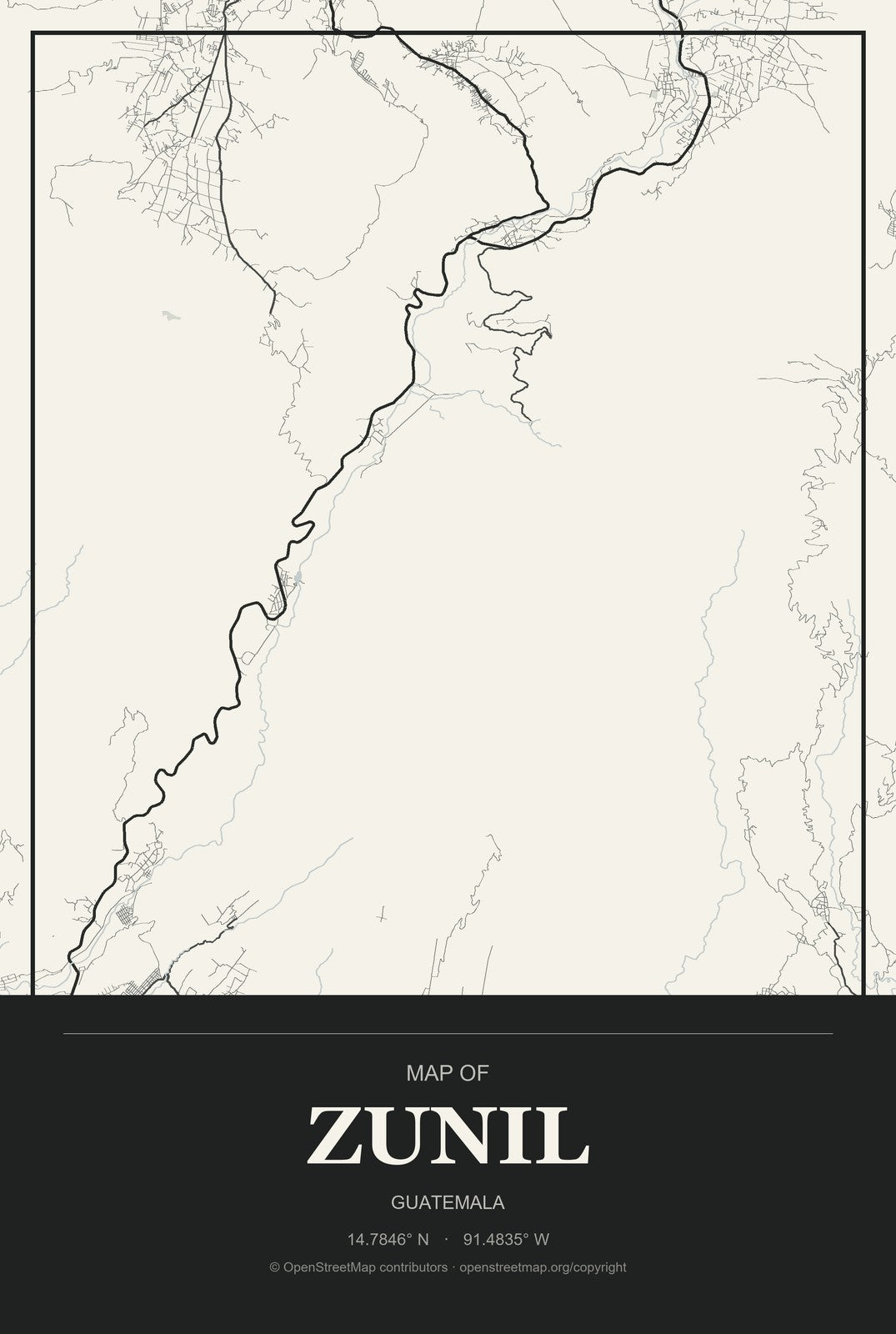 Zunil, Guatemala City Map Aluminum Sign in Museum Plaque style