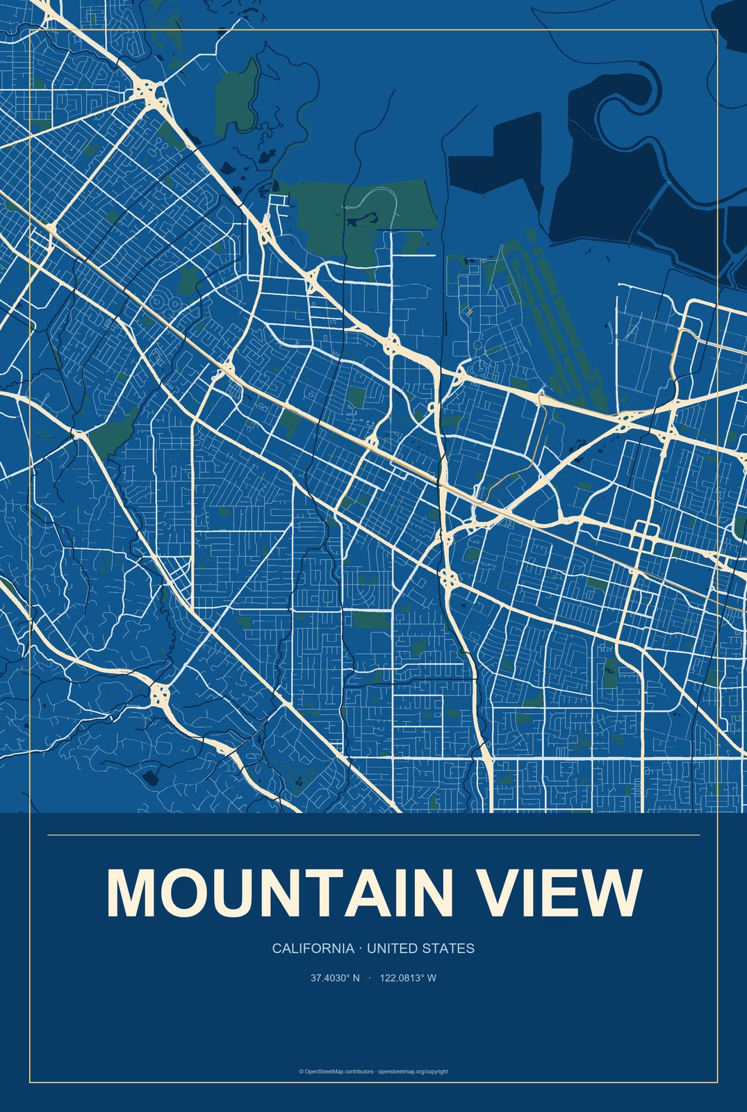 Mountain View, California City Map Aluminum Sign in Harbor Cobalt style