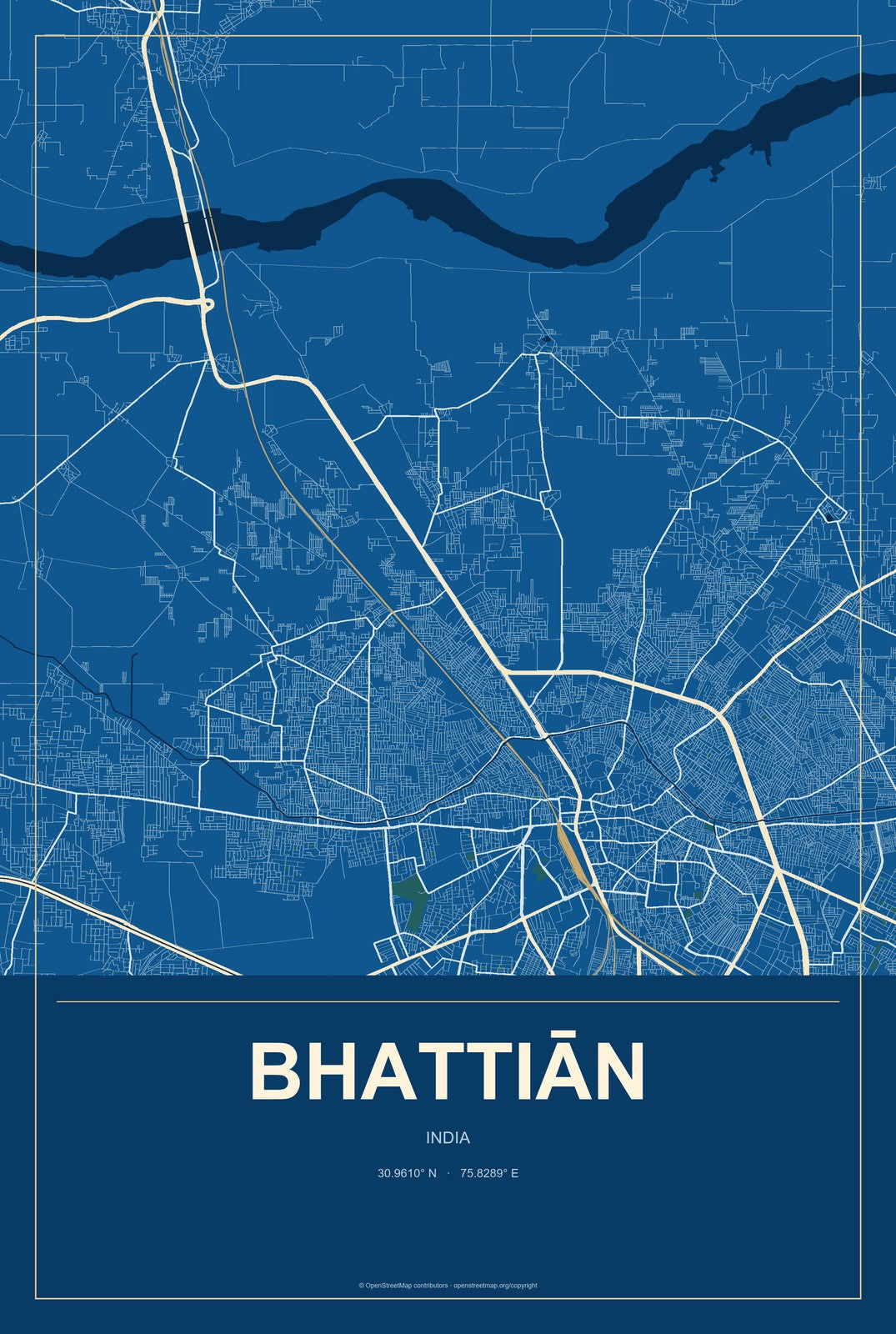 Bhattiān, India City Map Aluminum Sign in Harbor Cobalt style