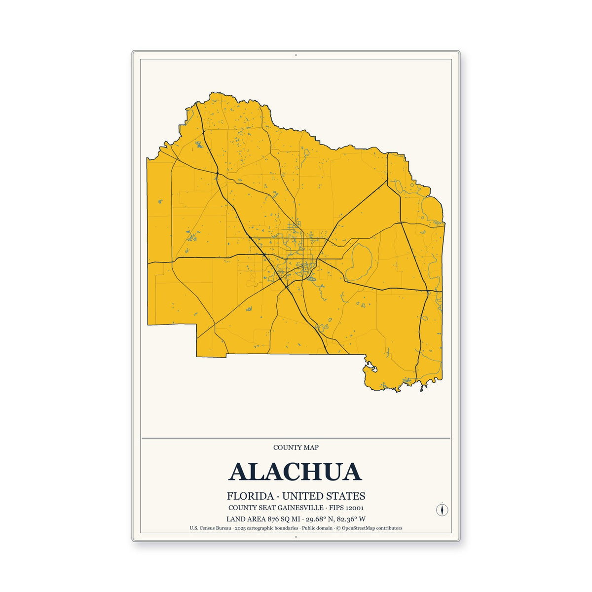 Alachua County, Florida Map Aluminum Sign in Citrine Modern style