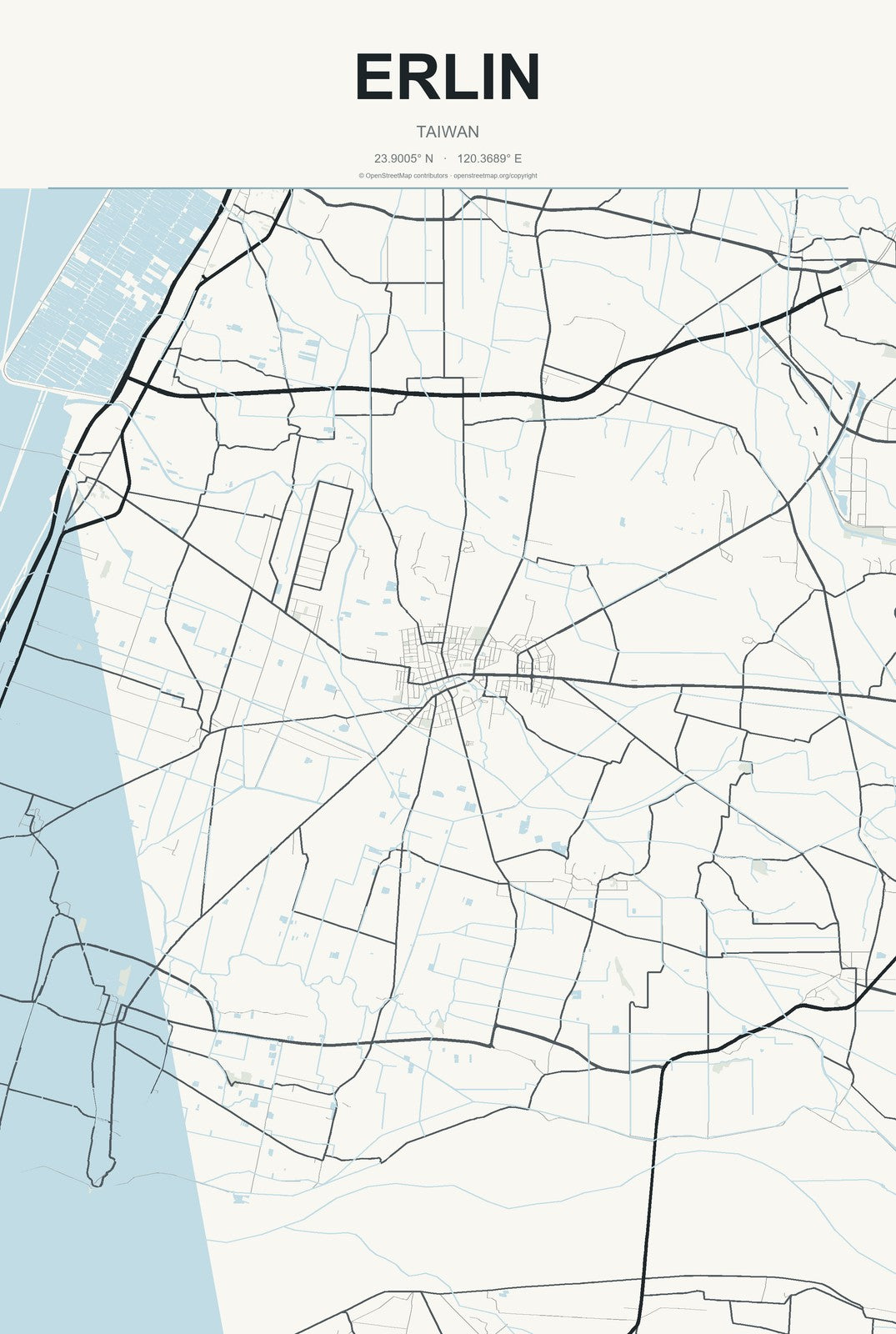 Erlin, Taiwan City Map Aluminum Sign in Headline Atlas style
