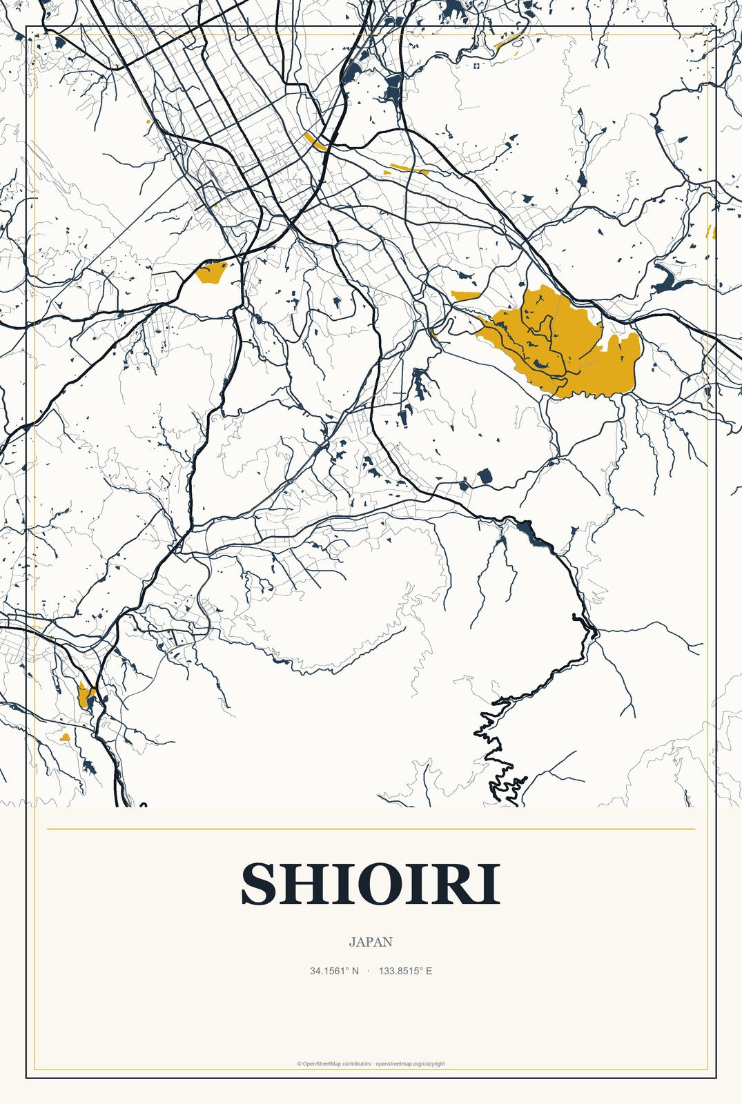 Shioiri, Japan City Map Aluminum Sign in Citrine Modern style
