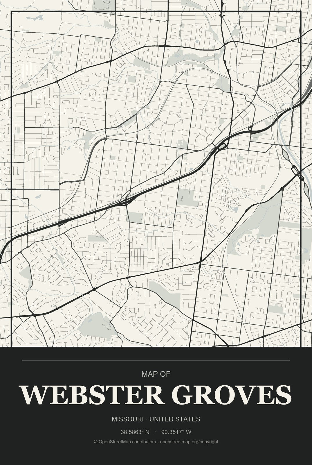 Webster Groves, Missouri City Map Aluminum Sign in Museum Plaque style