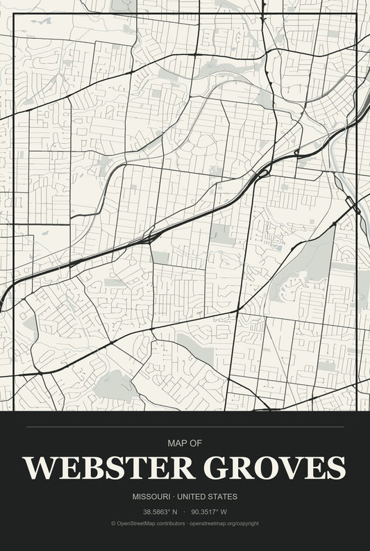 Webster Groves, Missouri City Map Aluminum Sign in Museum Plaque style