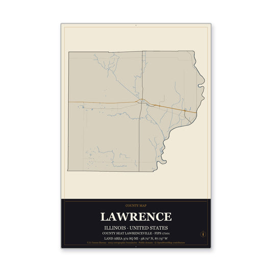 Lawrence County, Illinois Map Aluminum Sign in Museum Plaque style