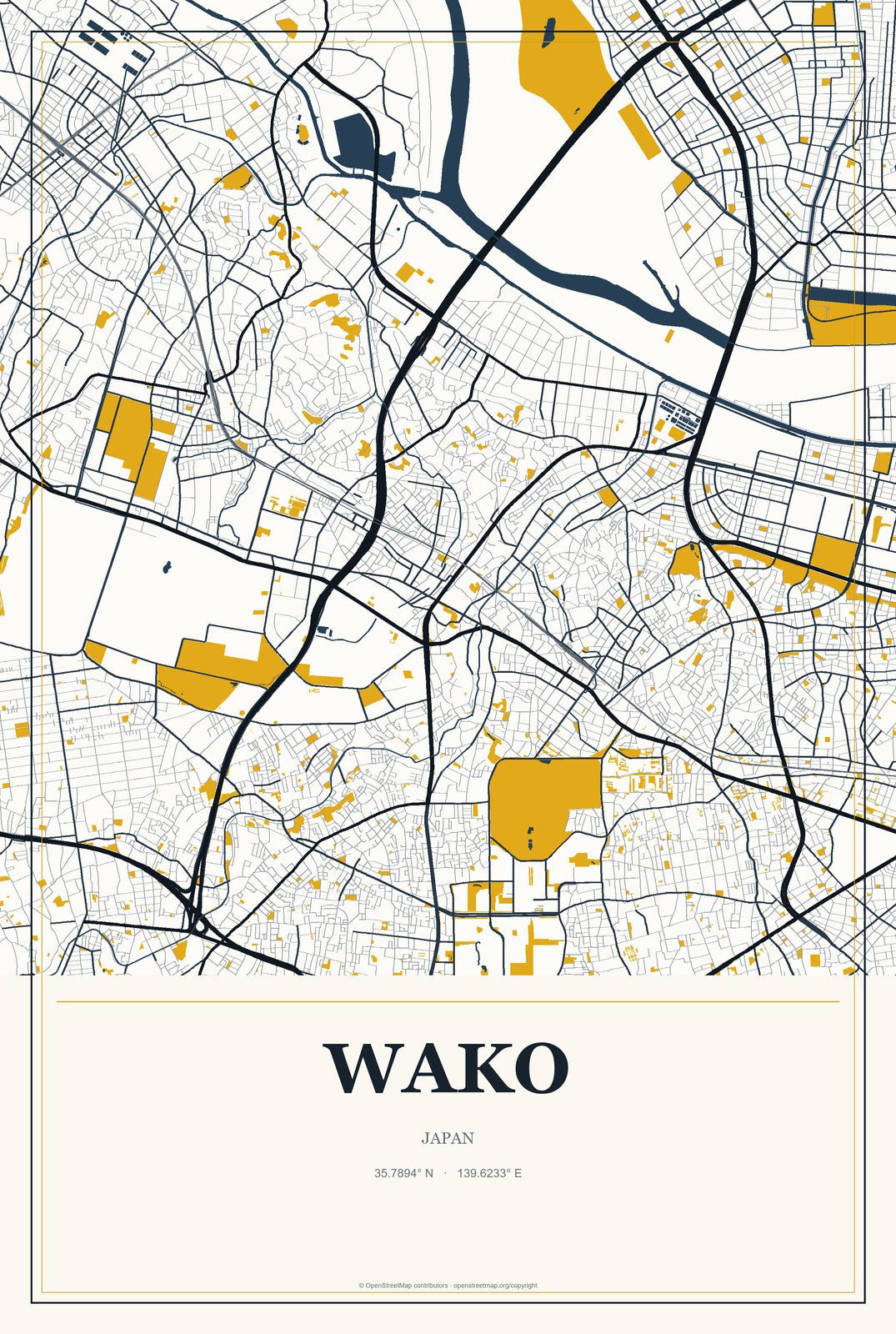 Wako, Japan City Map Aluminum Sign in Citrine Modern style