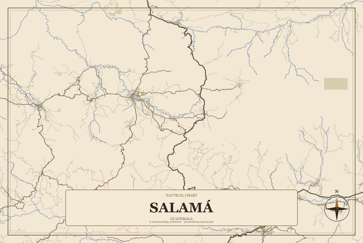 Salamá, Guatemala City Map Aluminum Sign in Heritage Nautical style