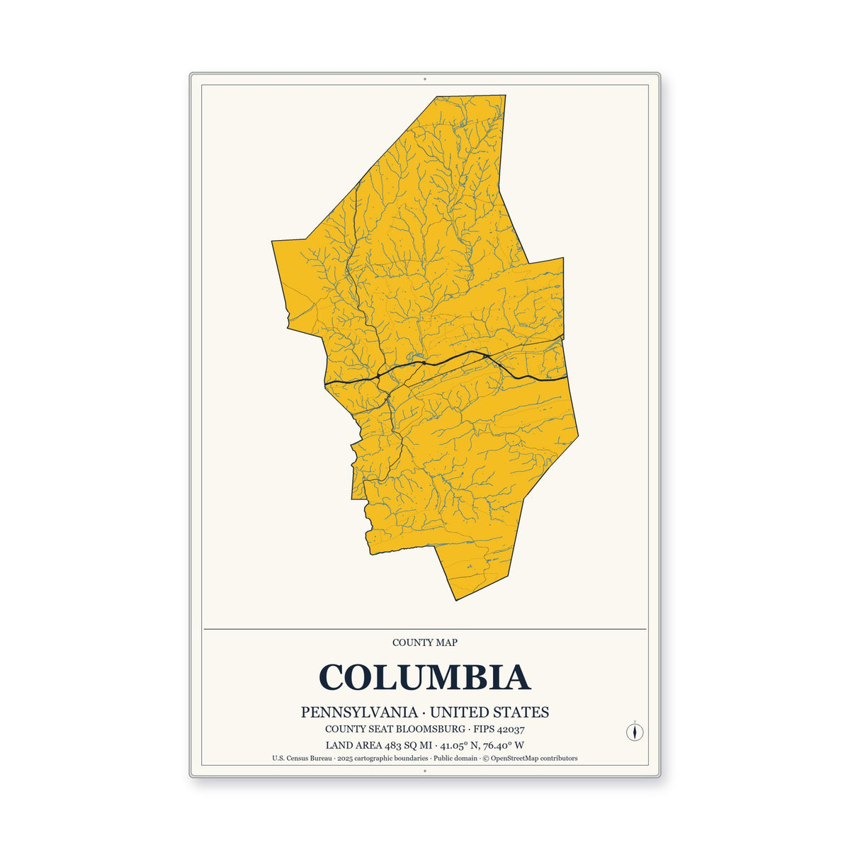 Columbia County, Pennsylvania Map Aluminum Sign in Citrine Modern style