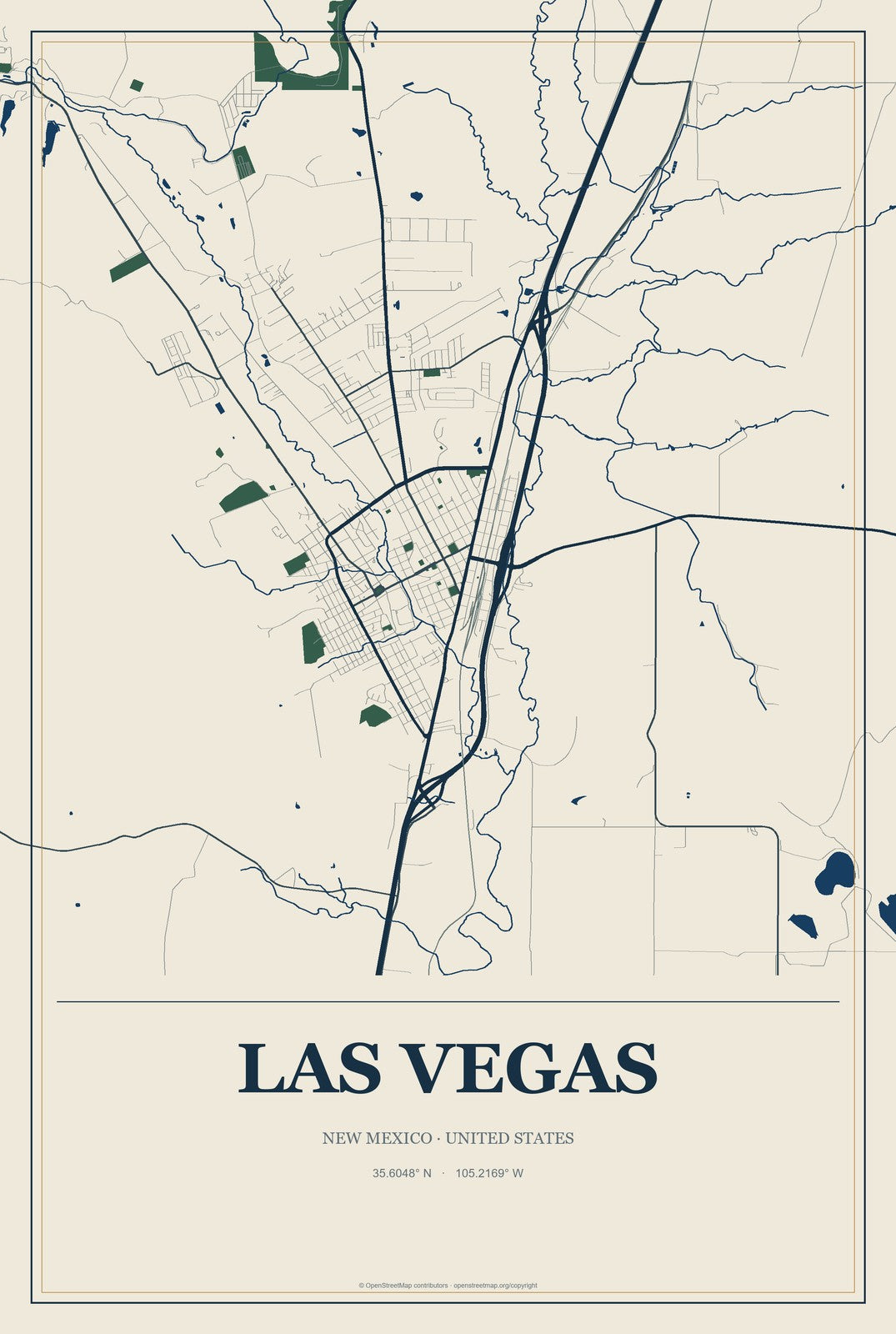 Las Vegas, New Mexico City Map Aluminum Sign in Coastal Cutout style