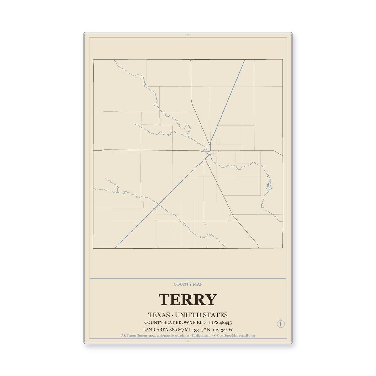 Terry County, Texas Map Aluminum Sign in Heritage Nautical style