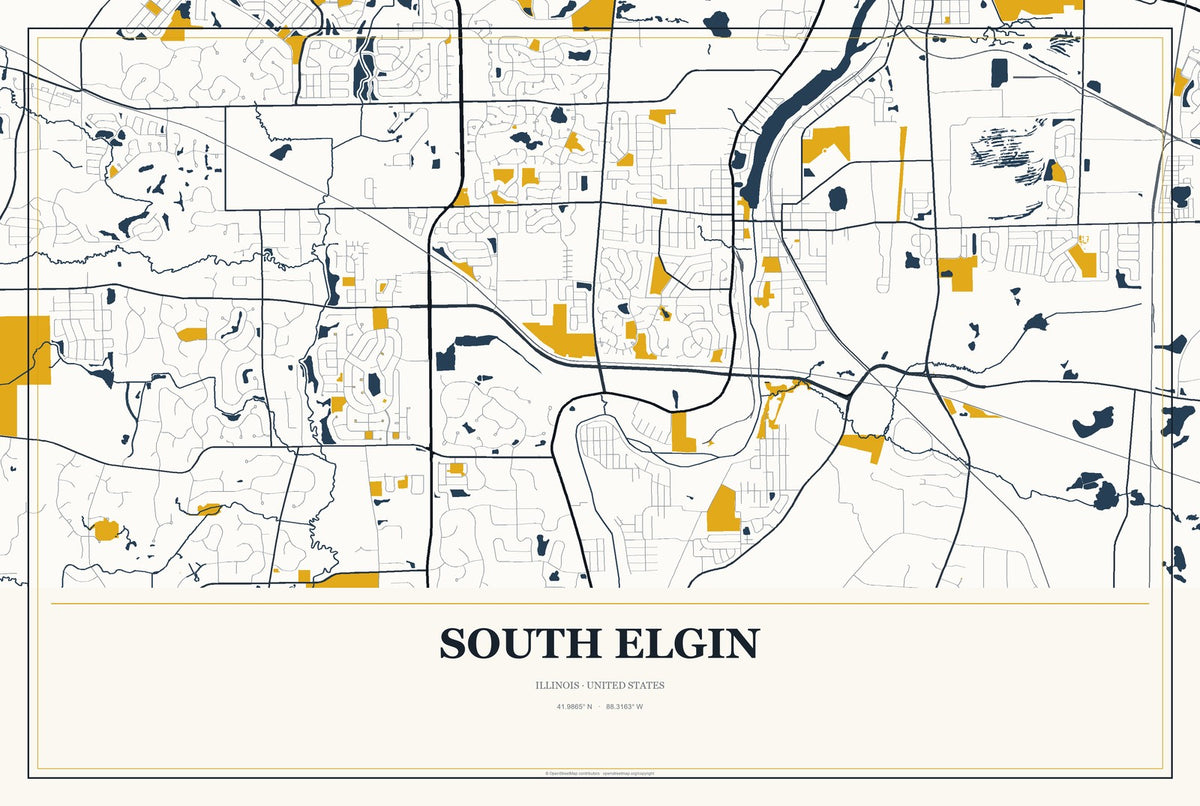 South Elgin, Illinois City Map Aluminum Sign in Citrine Modern style