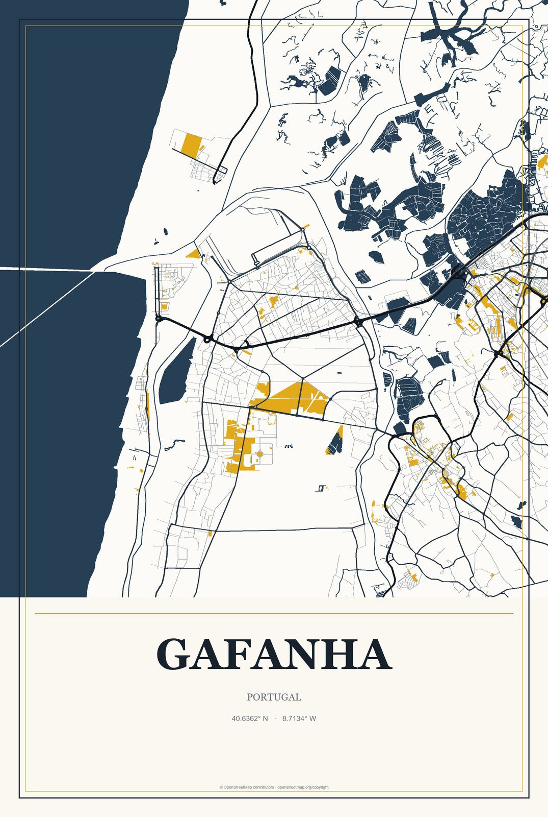 Gafanha, Portugal City Map Aluminum Sign in Citrine Modern style